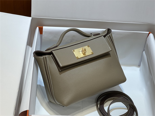 Hermes 2424 Mini Bag Evercolor/ Swift Leather Gold/Silver Tone Metal Etoupe Color HS