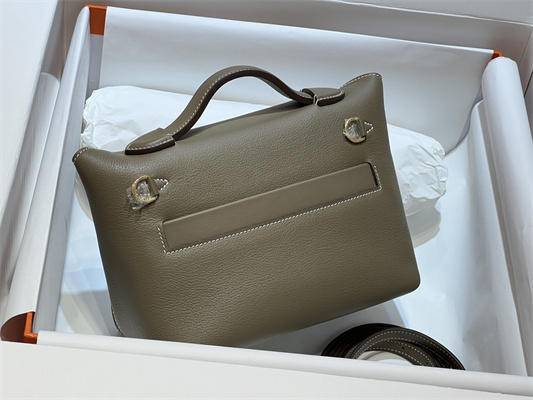 Hermes 2424 Mini Bag Evercolor/ Swift Leather Gold/Silver Tone Metal Etoupe Color HS