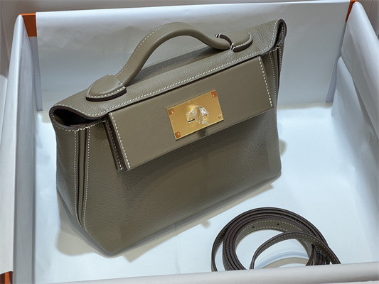 Hermes 2424 Mini Bag Evercolor/ Swift Leather Gold/Silver Tone Metal Etoupe Color HS