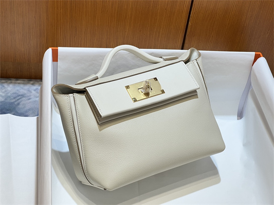 Hermes 2424 Mini Bag Evercolor/ Swift Leather Gold/Silver Tone Metal Craie Color HS
