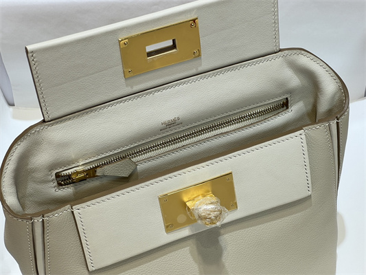 Hermes 2424 Mini Bag Evercolor/ Swift Leather Gold/Silver Tone Metal Craie Color HS