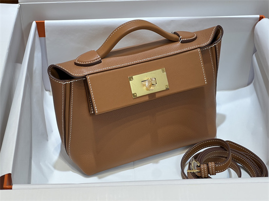 Hermes 2424 Mini Bag Evercolor/ Swift Leather Gold/Silver Tone Metal Gold Color HS