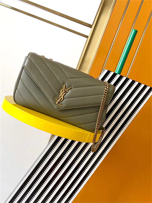 Y.S.L LOULOU Medium in MATELASSÉ lambskin Gold Tone Metal Dk Strong Moss