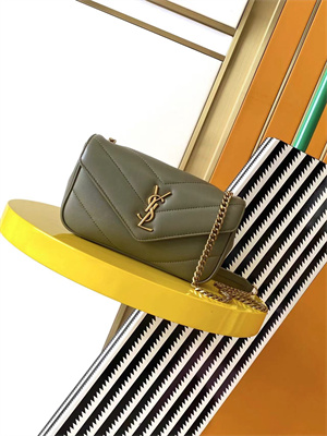 Y.S.L LOULOU Mini in MATELASSÉ lambskin Gold Tone Metal Dk Strong Moss