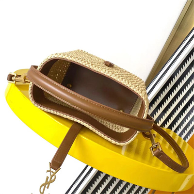 Y.S.L LE 37 Mini In Brown Shiny Leather & Raffia Bucket Bag