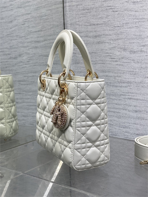 CD Small Lady Di.or My ABCDior Bag Cannage Lambskin Gold Tone Metal With Pearl Charm White