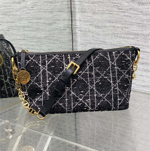 Diorstar Hobo Bag With Chain Black Tweed with White Cannage Motif