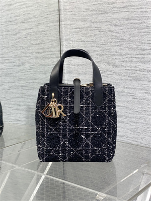 CD Small TOUJOURS Vertical Tote Bag Black Tweed with White Cannage Motif