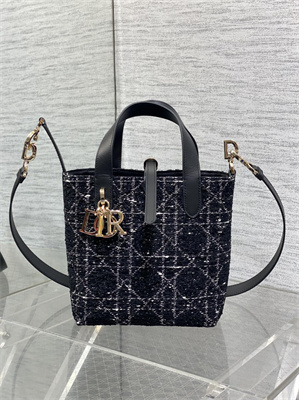 CD Small TOUJOURS Vertical Tote Bag Black Tweed with White Cannage Motif