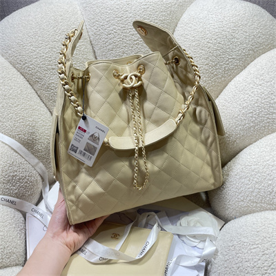 Chanel 25 Medium Handbag Grained Calfskin Gold Tone Metal Beige AS5311