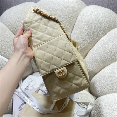 Chanel 25 Medium Handbag Grained Calfskin Gold Tone Metal Beige AS5311