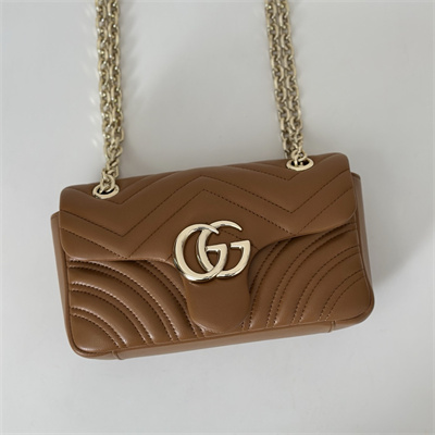 Gu.cci GG Marmont Small shoulder bag matelassé chevron lambskin leather Lt Gold toned hardware Brown 837280
