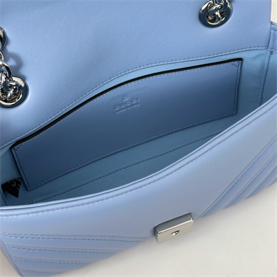 Gu.cci GG Marmont Small shoulder bag matelassé chevron lambskin leather Silver toned hardware Lt Blue 837280