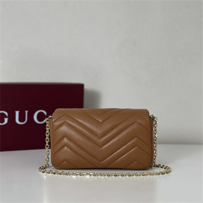 Gu.cci GG Marmont Mini shoulder bag matelassé chevron lambskin leather Lt Gold toned hardware Brown 841290