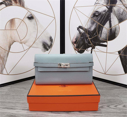 Her.mes Kelly Classic Wallet Calfskin Blue Lin Color Silver tone Metal