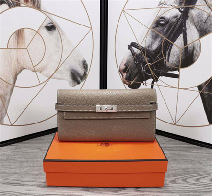 Her.mes Kelly Classic Wallet Calfskin Etoupe Color Silver tone Metal