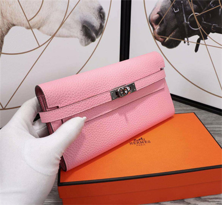 Her.mes Kelly Classic Wallet Calfskin Rose Sakura Color Silver tone Metal