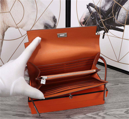Her.mes Kelly Classic Wallet Calfskin Orange Color Silver tone Metal