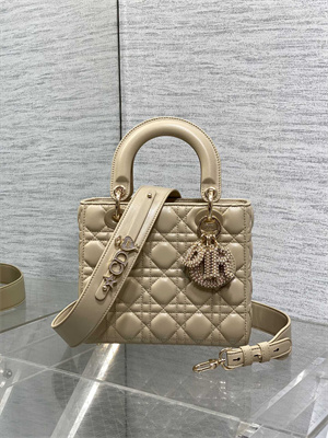 CD Small Lady Di.or My ABCDior Bag Cannage Lambskin Gold Tone Metal With Pearl Charm Beige