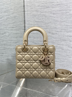 CD Small Lady Di.or My ABCDior Bag Cannage Lambskin Gold Tone Metal With Pearl Charm Beige