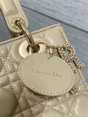 CD Small Lady Di.or My ABCDior Bag Cannage Lambskin Gold Tone Metal With Pearl Charm Beige