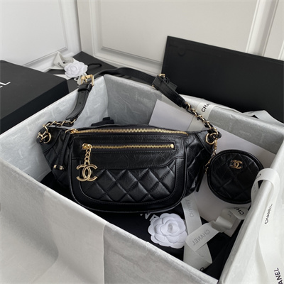 Chanel Waist Bag Aged Calfskin Gold-Tone Metal Black AS1077