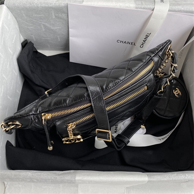 Chanel Waist Bag Aged Calfskin Gold-Tone Metal Black AS1077