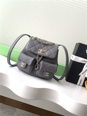 Cha.nel Duma Backpack Grained Calfskin Gold Tone Metal Grey AS3860