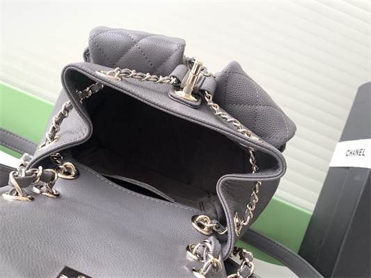 Cha.nel Duma Backpack Grained Calfskin Gold Tone Metal Grey AS3860