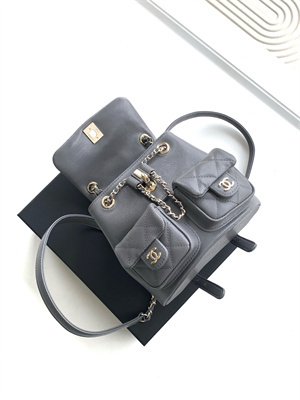 Cha.nel Duma Backpack Grained Calfskin Gold Tone Metal Grey AS3860
