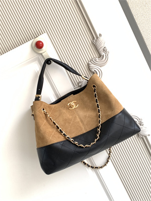 Chanel Small Shopping Bag Suede Calfskin, Shiny Lambskin & Gold-Tone Metal  Beige & Black  AS5634