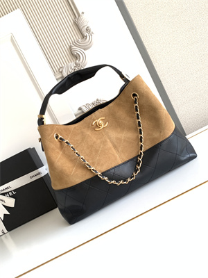Chanel Small Shopping Bag Suede Calfskin, Shiny Lambskin & Gold-Tone Metal  Beige & Black  AS5634