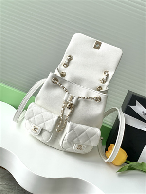 Cha.nel Duma Backpack Grained Calfskin Gold Tone Metal White AS3860