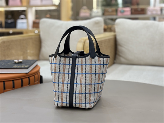 Picotin Lock 18 Bag in H canvas and Swift calfskin with “Couverture Carre” embroidery Black HS