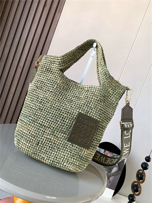 Loewe Slit Mini Tote Bag In Raffia &Calfskin Green