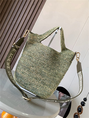 Loewe Slit Mini Tote Bag In Raffia &Calfskin Green