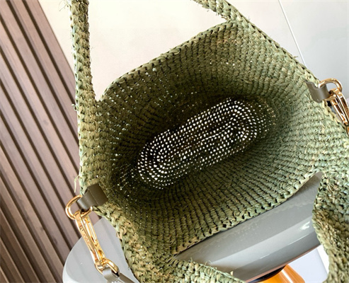 Loewe Slit Mini Tote Bag In Raffia &Calfskin Green