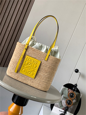 Loewe Small Square basket in Raffia&Calfskin Nature/Yellow