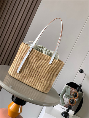 Loewe Small Square basket in Raffia&Calfskin Nature/White