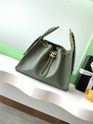 Chanel 25 Small Handbag Grained Calfskin Gold Tone Metal Green AS5293