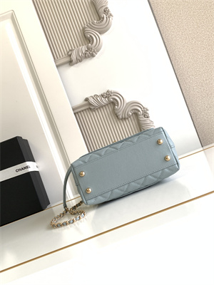 Cha.nel Mini Coco Handle Bag Grained Calfskin Aged Gold Metal Blue AS2215