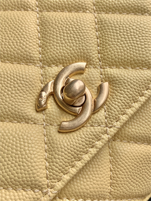 Cha.nel Mini Coco Handle Bag Grained Calfskin Aged Gold Metal Yellow AS2215