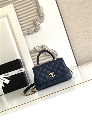 Cha.nel Mini Coco Handle Bag Grained Calfskin Aged Gold Metal Navy AS2215