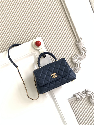 Cha.nel Mini Coco Handle Bag Grained Calfskin Aged Gold Metal Navy AS2215