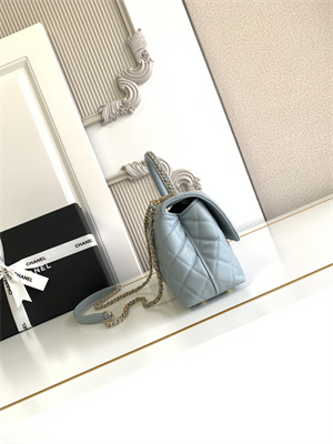 Cha.nel Small Coco Handle Bag Grained Calfskin Aged Gold Metal Blue A92990