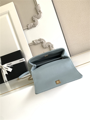 Cha.nel Small Coco Handle Bag Grained Calfskin Aged Gold Metal Blue A92990