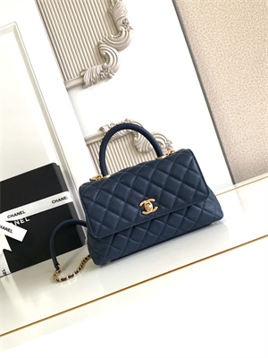 Cha.nel Small Coco Handle Bag Grained Calfskin Aged Gold Metal Navy A92990