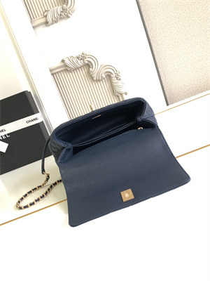 Cha.nel Small Coco Handle Bag Grained Calfskin Aged Gold Metal Navy A92990