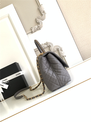 Cha.nel Large Coco Handle Bag Grained Calfskin Aged Gold Metal Grey A92991