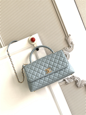 Cha.nel Large Coco Handle Bag Grained Calfskin Aged Gold Metal Blue A92991